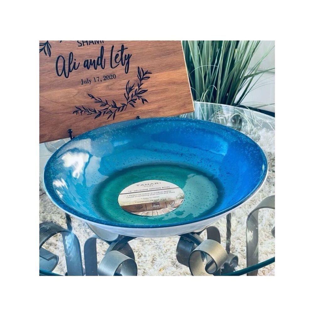 NWT Gorgeous Tahari Big 13” Blue & Green Speckled Melamine Serving Platter Bowl